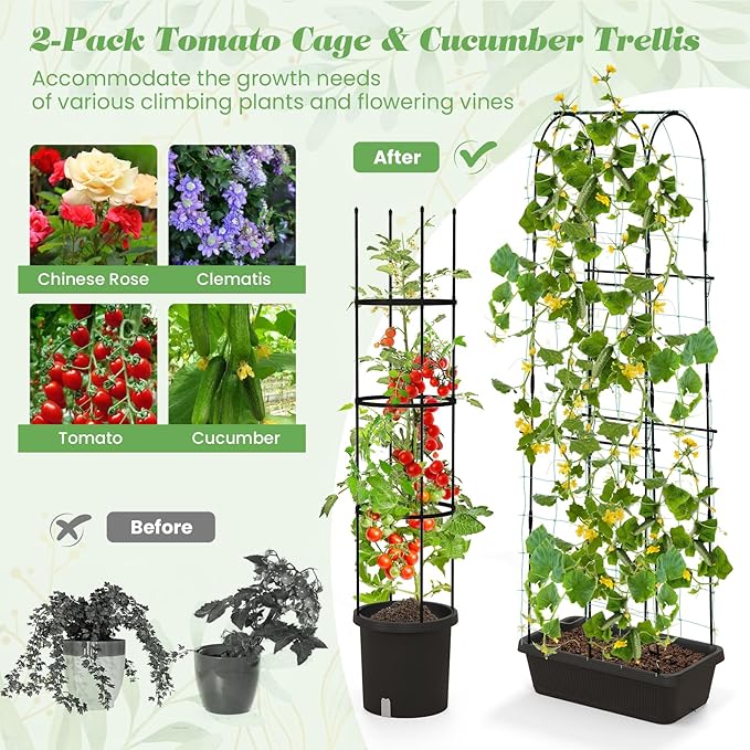 Giantex Set of 2 Raised Garden Bed w/Trellis &amp Plant Cage Planter Box w/ 71” Cucumber Trellis Round Raised Bed w/ 58.5” Tomato Cage PE-Coated Metal Adjustable Height for Climbing Plant