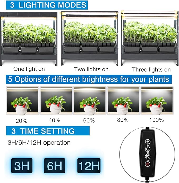 LED Grow Light Strips for PlantsCholas 36W 132 LEDs Auto ON &amp Off Function3/6/12H Timer 5 Dimmable Levels and 3 Switch Modes for Indoor Plants Gardening Greenhouse 3 Pack (Full Sepectrum Light)