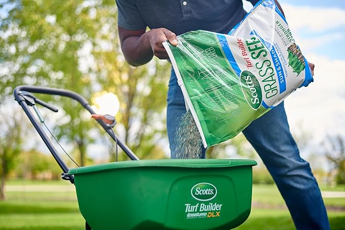 Scotts Turf Builder Grass Seed Sun and Shade Mix with Fertilizer and Soil Improver Thrives in Many Conditions 16 lbs.