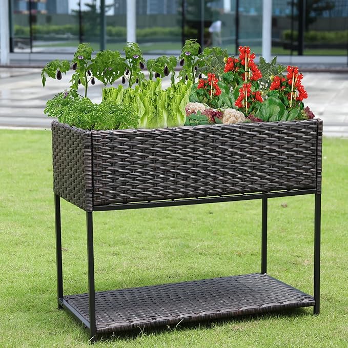 Raised Garden Bed - Rattan Raised Bed Wicker Elevated Raised Garden Bed with Underneath Tool Storage Rack Outdoor Raised Planter Box