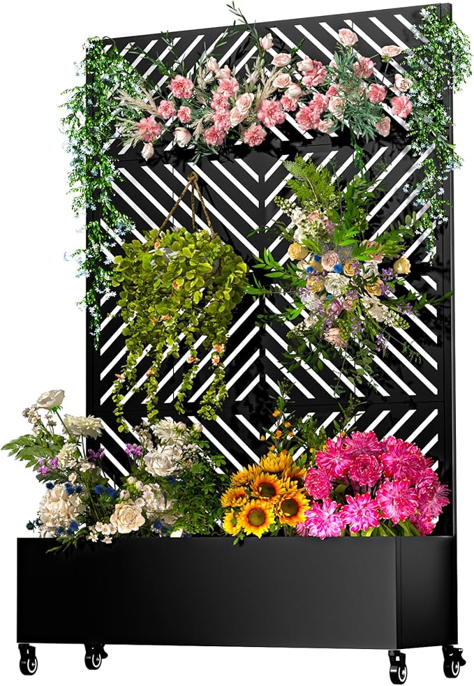 Metal Planter Box with Trellis72x47x16Galvanized Steel Outdoor Raised Garden Bed with Privacy Screenwith Drainage Holes &amp Lockable Casters for Climbing PlantsVegetablesand Vines(JT