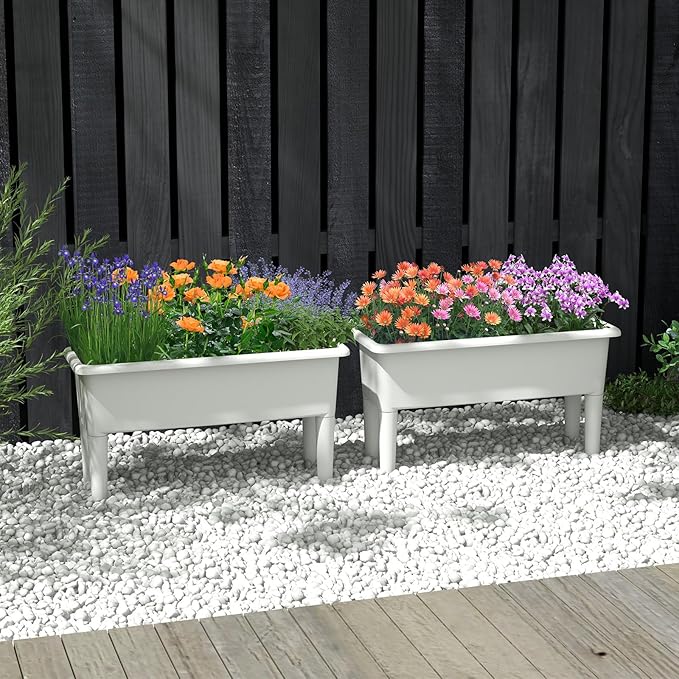 Raised Garden Bed Set of 2 31.5 x 12 x 16 Self-Watering Planter Box w/Removable Legs &amp Drainage Holes Plastic Rectangular Garden Bed for Flowers Herbs Backyard Patio Balcony (White)