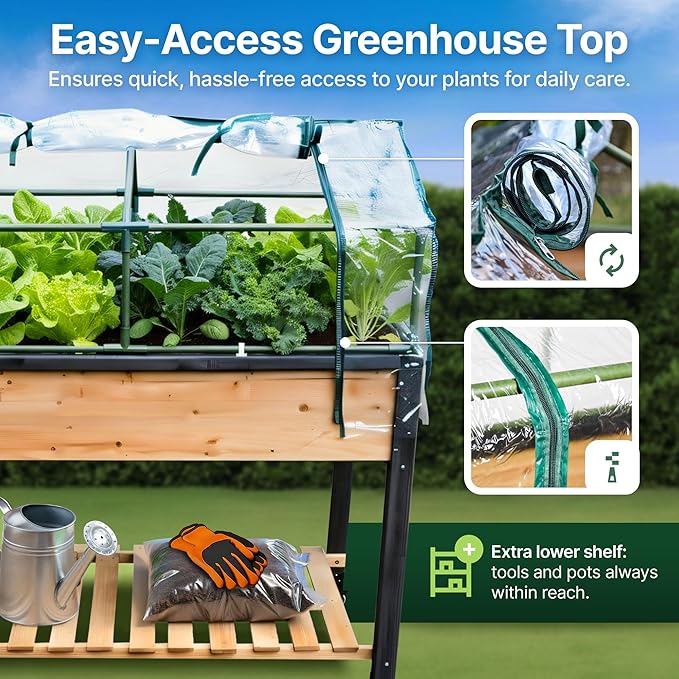 GOJ Raised Garden Bed Wood 48x24x32 inch with Greenhouse &amp Lockable Wheels - Elevated Wood Planter Box for Outdoors Vegetable Flower Bed Herb Planter - 400 lbs Capacity