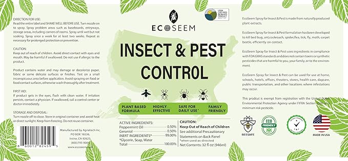 Peppermint Oil Spray for Bugs 32 Oz Insect &amp Pest Control Spray for Bed Bug Ants Mite and Flea All Natural Plant Extract Based Spider Repellent Indoor Child &amp Pet Safe