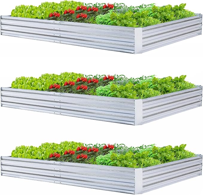 Galvanized Steel Garden Bed 3-Pack 8x4x1ft Large Raised Planter Box for Vegetables Outdoor Metal Garden Kit with Overlapping Side Panels Strong &amp Stable