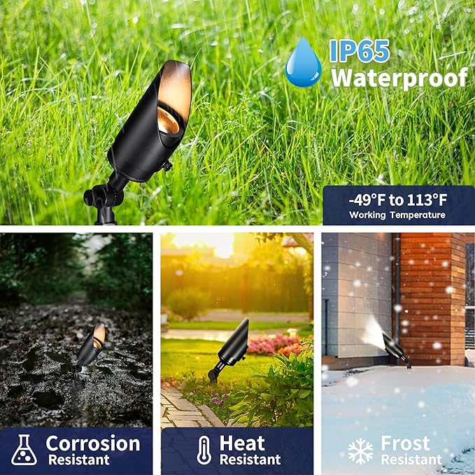 Low Voltage Brass Landscape Spotlights - Waterproof 12V LED Uplights for Garden Yard Tree House - 5W 2700K Warm White MR16 Bulb Outdoor Lighting (Black 06)