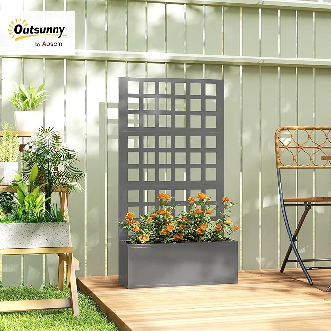 Outsunny Galvanized Raised Garden Bed with Trellis Metal Planter Box with Drainage Holes Outdoor Privacy Screen for Climbing Plants Vegetable Vines 24 x 9 x 44.5 Gray
