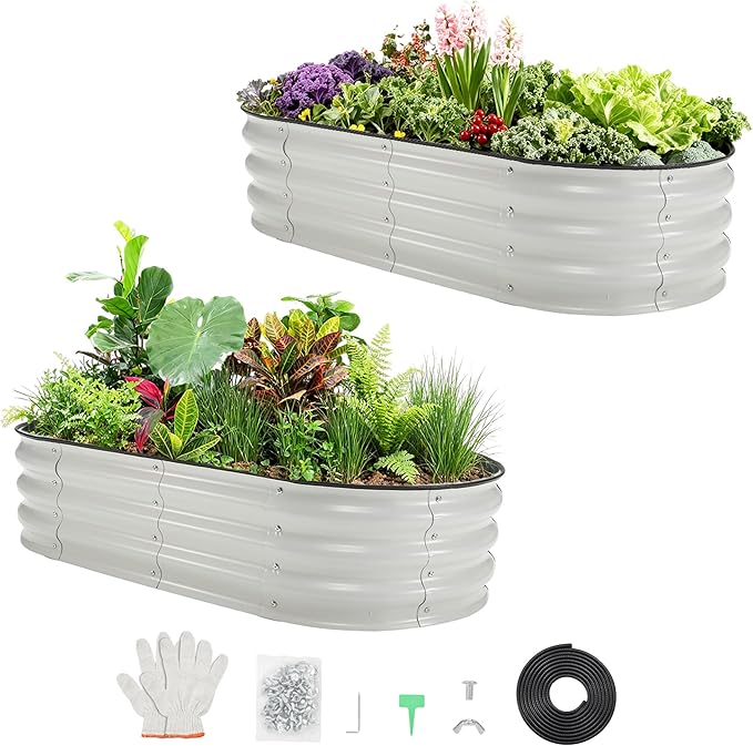 GarveeLife 4x2x1ft Galvanized Raised Garden Bed 2 PCS Oval Raised Bed Kits with Open-Ended Base Metal Planter Box for Vegetables Flowers Herbs &amp Fruits