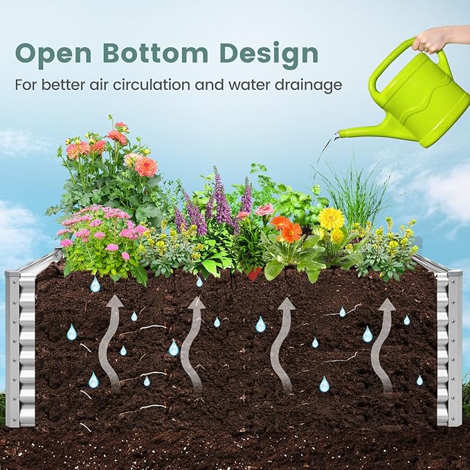 Rectangular Raised Garden Bed Galvanized Garden Planter with Open Bottom Sprayed Plate &amp Corner Protectors Outdoor Metal Planter Box for Vegetables Flowers &amp Herbs (Sliver)