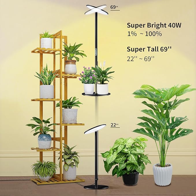 chiphy 69 Full Spectrum Grow Light for Indoor Plants 40W Tall Plant Lights with Tray 4/8/12H Timer 10 Level Dimmable Brightness Heights Adjustable Remote Control Ideal for Large Tall Plants