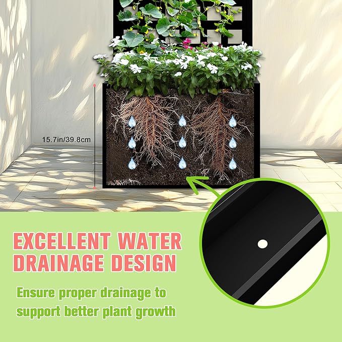 Metal Planter Box with Trellis Raised Garder Bed with Drainage Hole Privacy Screen &amp Trellis for Climbing Plants Outdoor Plant Stands 24''L×12''W×63''H Black