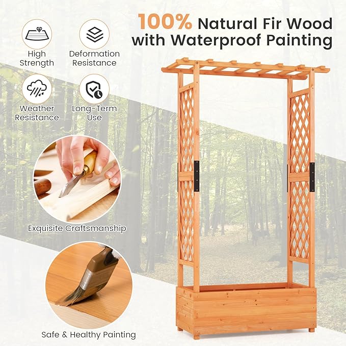 Moccha Raised Garden Bed with Trellis Set of 2 Wood Garden Planter with Hanging Roof Drainage Holes Freestanding Elevated Planter Box for Climbing Plants Vines Flowers 43.5 x 17.5 x 72