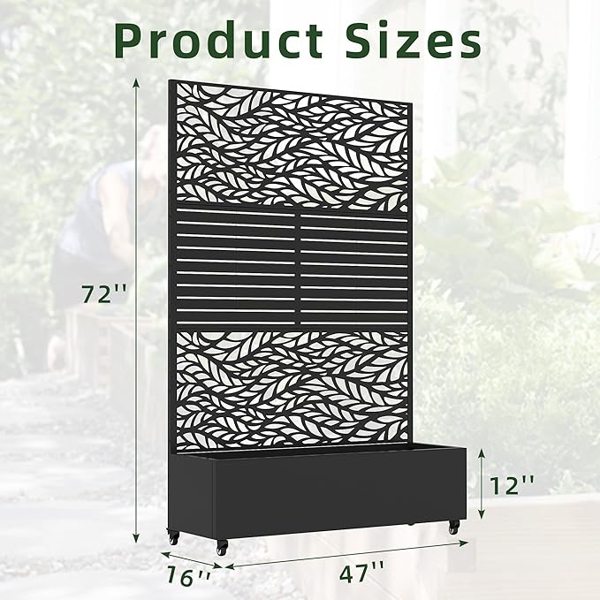 Casaphoria Metal Raised Garden Bed with Trellis and Wheels 72x47x16 Planter Box for Climbing Plants Vegetables &amp Vines Features Drainage Holes and Privacy Screen Black(Spring&ampLouvered)
