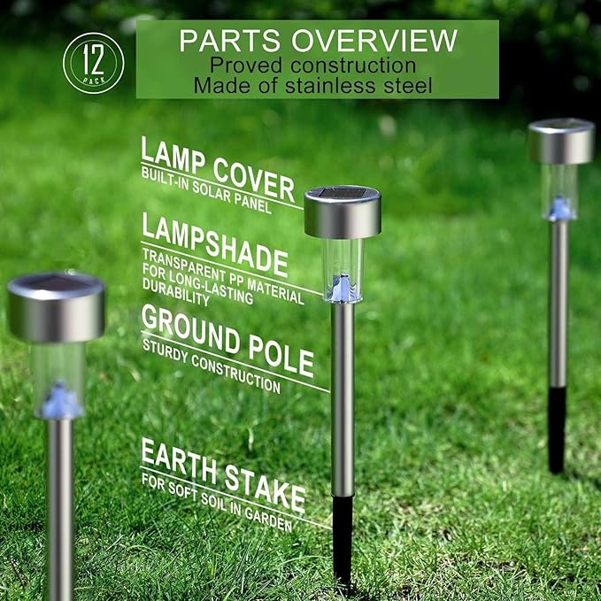 12PCS Solar Garden Stake Light Weatherproo for Outdoor Pathway LightingStainless Steel LED Landscape No Wires Required with Automatic Night Activation(Rainbow)