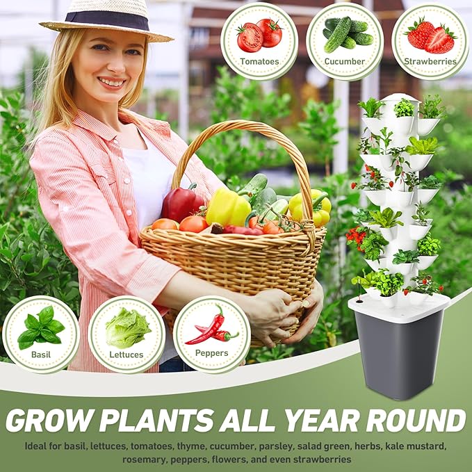 Hydroponics Growing System30-Plants Vertical Hydroponics Tower Growing System Kit with Pump and Movable Water Tank Vegetable Plant Indoor Garden Planter for Gardening Lover