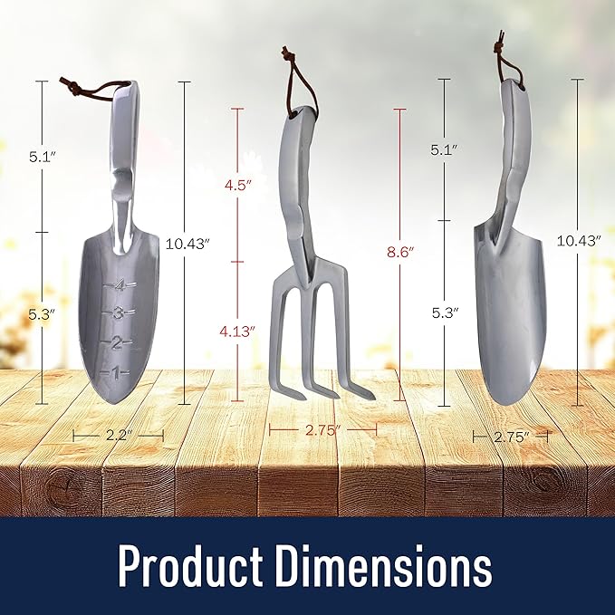 Hand Gardening Tools 3 Pack with Cultivator Hand Rake Transplanting Shovel and Garden Trowel for Planting - Heavy Duty Cast Aluminum Garden Tool Set with Ergonomic Handles by Kings County Tools