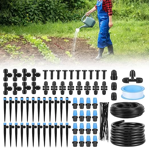 QWORK 230FT Drip Irrigation System Automatic Sprinkler System Kit Garden Watering System 10-Minute Install Microdroplets &amp Adjustable Modes