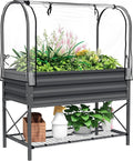 Outsunny Raised Garden Bed with Cover and Storage Shelf Rectangular Metal Elevated Planter Box with Legs and Bed Liner for Vegetables Flowers Herbs Dark Gray