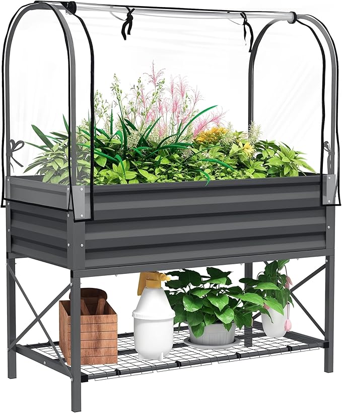 Outsunny Raised Garden Bed with Cover and Storage Shelf Rectangular Metal Elevated Planter Box with Legs and Bed Liner for Vegetables Flowers Herbs Dark Gray