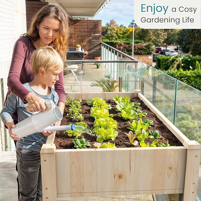 OLIXIS 48x 24x 30in Raised Garden Bed - Natural Wood Elevated Planter Box with Non-Woven Liner 300lb Capacity - Perfect for Backyard Patio Balcony Gardening(Dark Yellow)