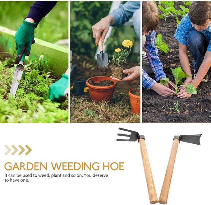 2pcs Gardening Tool Set Wooden Handle Digging Hoe and Steel Rake for Soil Loosening and Weeding in Garden and Vegetable Beds