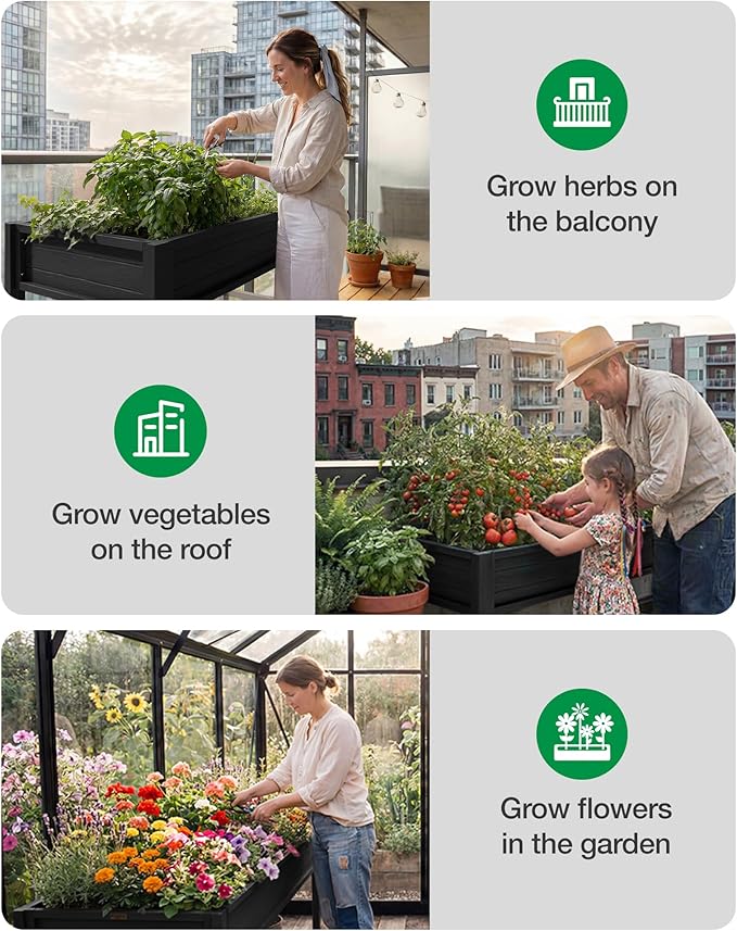YEFU HIPS Raised Garden Bed: 48x24x30in Black Raised Garden Beds Outdoor with Drainage &amp Legs - Planter Boxes Outdoor for Herb Vegetable Plant Gardening on Patio Deck for Suburban Homeowners