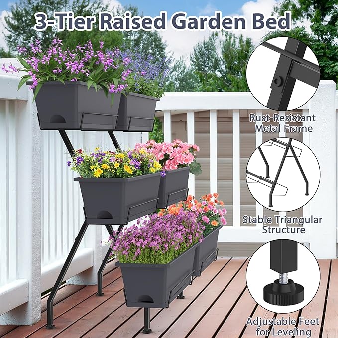 Sunexinlo 3-Tier Vertical Garden Planter with 6 Boxes 31 Tall Raised Garden Bed with Adjustable Feet for Herbs Flowers Vegetables Ideal for Indoor Outdoor Patio Balcony Deck Use Gray