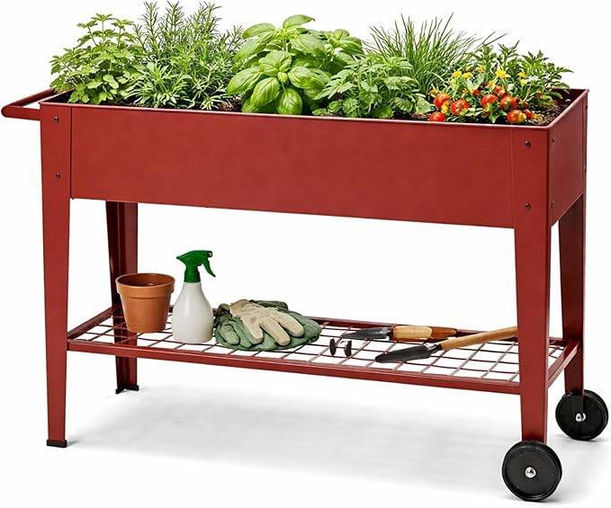 InSideOut Elevated 40 Raised Garden Bed Outdoor with Wheels &amp Shelf for Mobility Metal Planter Box for Vegetables/Herbs Patio-Balcony-Backyard (Red)