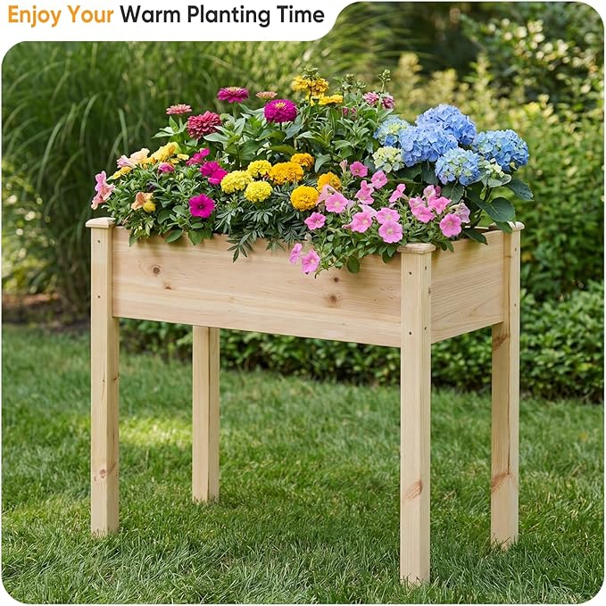 NEWBULIG Raised Garden Bed with Legs 34x18x30inElevated Wood Planter Box Stand for Outdoors Garden Balcony Courtyard Natural Wood 400 Pound Capacity for Planting Herbs Flowers Vegetables