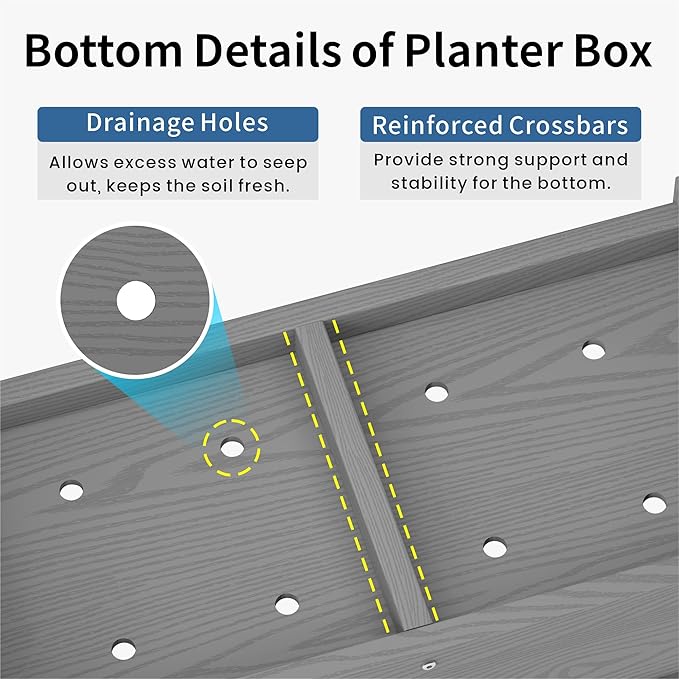 HDPE Planter Box All-Weather Outdoor Garden Bed Easy to Assemble Drainage System Low Maintenance Non-Fading for Flower/Herb/Seed (Gray)