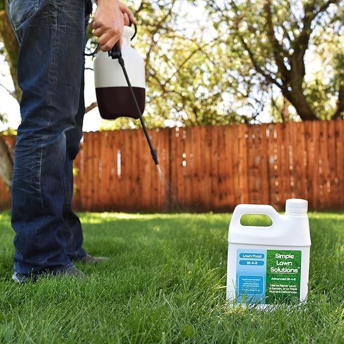 Advanced 16-4-8 Lawn Fertilizer - Liquid Lawn Food Spring &amp Summer Concentrated Spray - Any Grass Type- Fish and Seaweed Kelp- Balanced NPK - Simple Lawn Solutions (1 Quart)