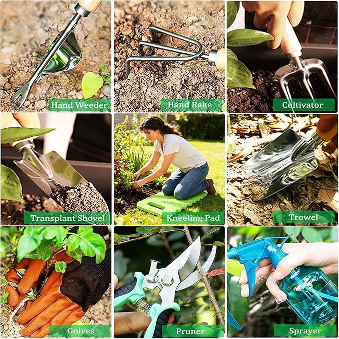Garden Tool Set 11-Piece Heavy Duty Gardening Hand Tools - Rust-Resistant Stainless Steel with Durable Stylish Garden Tools Organizer Tote Bag | Ideal Gardening Gift for Women &amp Garden Enthusiasts