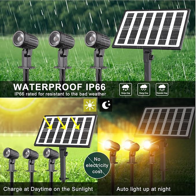CLY Solar Landscape Spotlights Solar Lights Outdoor IP66 Waterproof Remote Control 2 Dynamic Modes 3 Brightness Adjustable 2700-6500K Auto On/Off 11M Cable for Garden Pathway Trees Flag 3 in 1