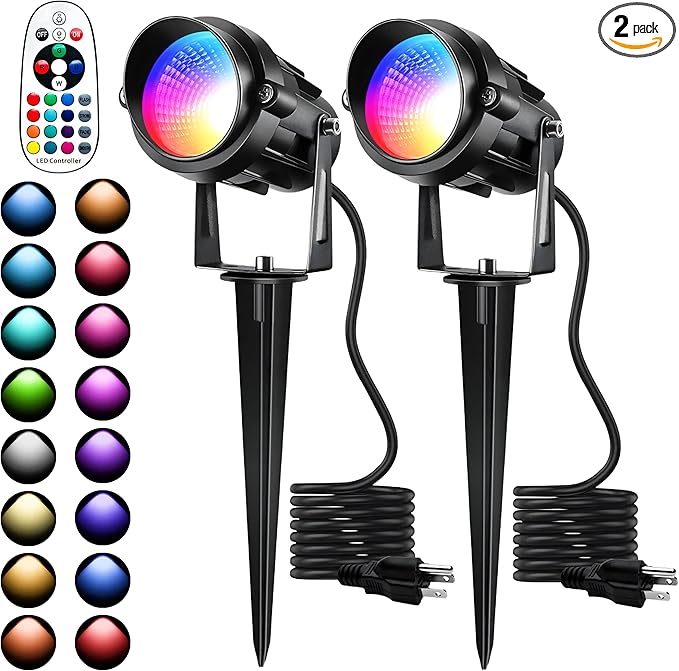Halloween Christmas Outdoor Spotlights12W RGBW Colors Changing Landscape Spotlight with Remote Control IP65 Waterproof 110V LED Spotlight Indoor with US Plug for Yard Garden House (2Pack)