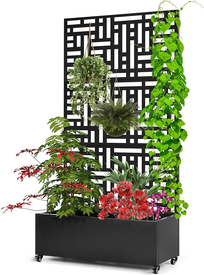 Metal Planter Box with Trellis71”Raised Garden Bed with Trellis Privacy Screen and Drainage.Wheeled for Patio Flexibilityfor Climbing Veggies/Flowers.DIY-Friendly Design