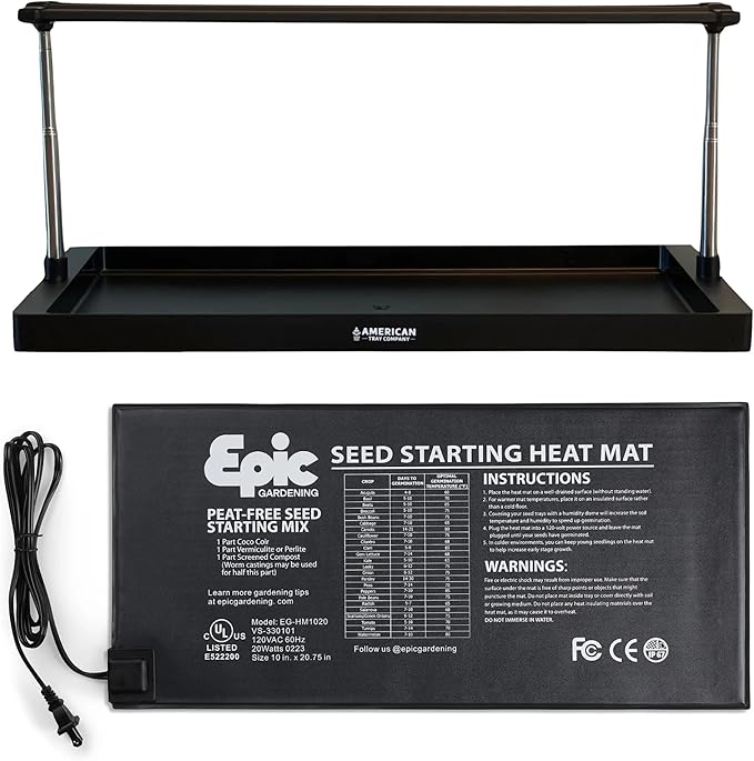 Epic Gardening Seed Starting Bundle - Heat Mat &amp Standard Full-Spectrum Grow Light | Heavy-Duty 10 x 20.75 Mat &amp Adjustable LED Light with Timer | Indoor Germination Seedling Growth &amp P