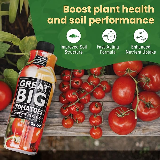 Great Big Tomatoes Soil &amp Fertilizer Booster for Big Vegetable Yields Better Fertilizer &amp Plant Food Efficiency and Garden Performance. Perfect for Beginners. 32 Ounce Concentrate (Makes 8 G