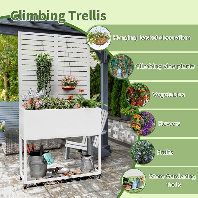 Metal Planter Box with Trellis67 H x35 W Raised Garden Beds with Privacy Screen for Climbing Plants Flower Elevated Standing Planter Garden Bed with Drainage Holes for Outdoor PatioWhite