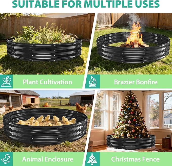 6FT Diameter Galvanized Garden Raised Bed/Plant Box/Fire Pit Ring-0.8mm Thick12 Inch TallCrimped Edge and CornerNo SharpePerfect for Plantings (Black 72 Dia X 12 inches)