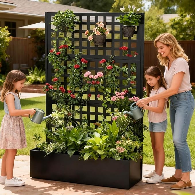 Metal Planter Box with Trellis Black Raised Garden Bed Privacy Screen Planters with Trellis for Climbing Plants Vegetable Flowers Outdoor Indoor Large 1Pc