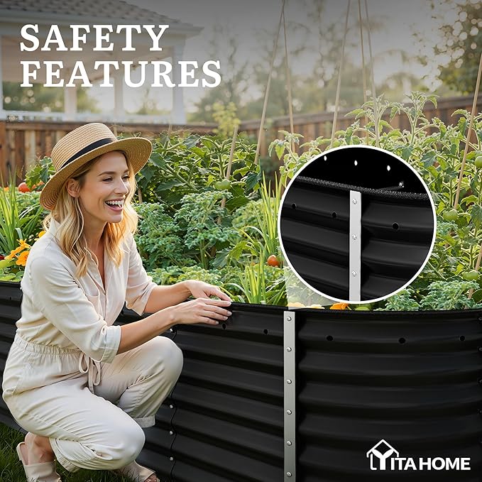 YITAHOME 24 Tall 9 in 1 Raised Garden Bed Kit96x24 in Large Galvanized Metal Planter Box with Gloves Safety Rubber &amp Support Rod Outdoor Flower Bed for Plants Vegetables Flowers Black