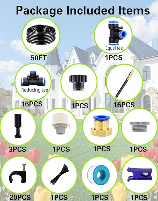 Drip Irrigation System 360 Adjustable Mist Sprayer Nozzle High Volume Water Flow Rotating Sprinkler Head for GardenPatioPotted PlantsEasy Install Fine Misting to Jet Spray (50FT+16Nozzles)