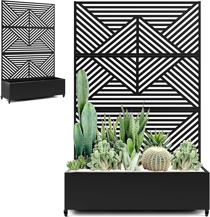 Standing Metal Planter Box with Trellis and Wheels for Climbing Plants Raised Garden Beds with Drainage Holes 47 L×16 W×71 H Privacy Boxes with Trellis (Black Zodiac)