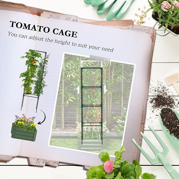 Galvanized Raised Garden BedOutdoor Garden Beds Metal Raised Beds with Trellis Tomato Cage and Open Bottom for Climbing Vines VegetablesFlowers in BackyardGardenPatioGreen (Green)