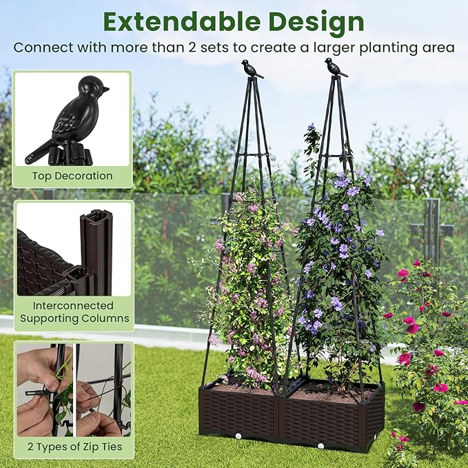 Giantex Set of 2 Raised Garden Bed with Wheels &amp Tomato Cage Self Watering Planter Box with Obelisk Trellis Adjustable Height Indoor Outdoor Planter for Climbing Plant Flower Vegetable Fruit