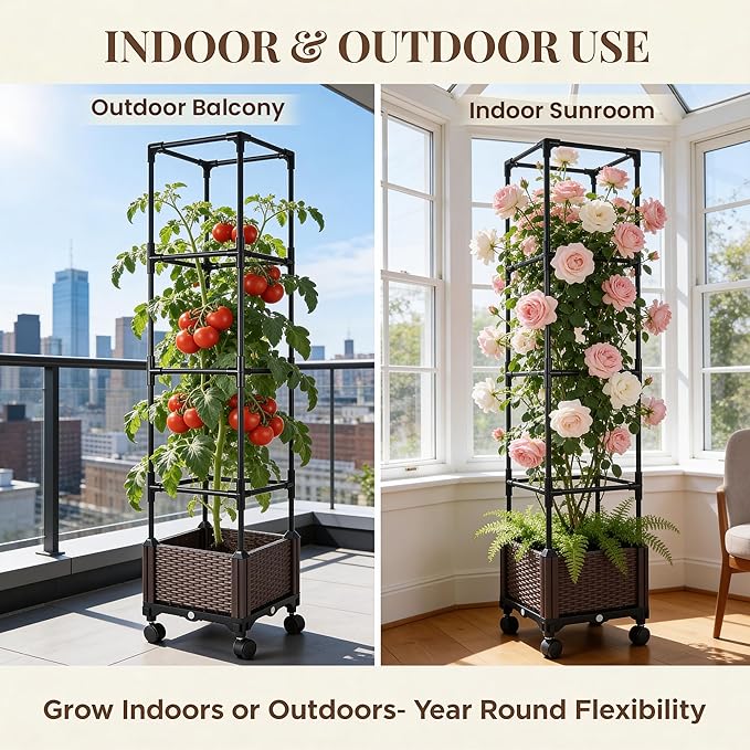1 Pack Self Watering Tomato Planter Box with Trellis 64 Inch Raised Garden Bed with Trellis - Planter Box for Climbing Plants Tomato Pot for Vegetables Vine Flowers Indoor Outdoor Patio