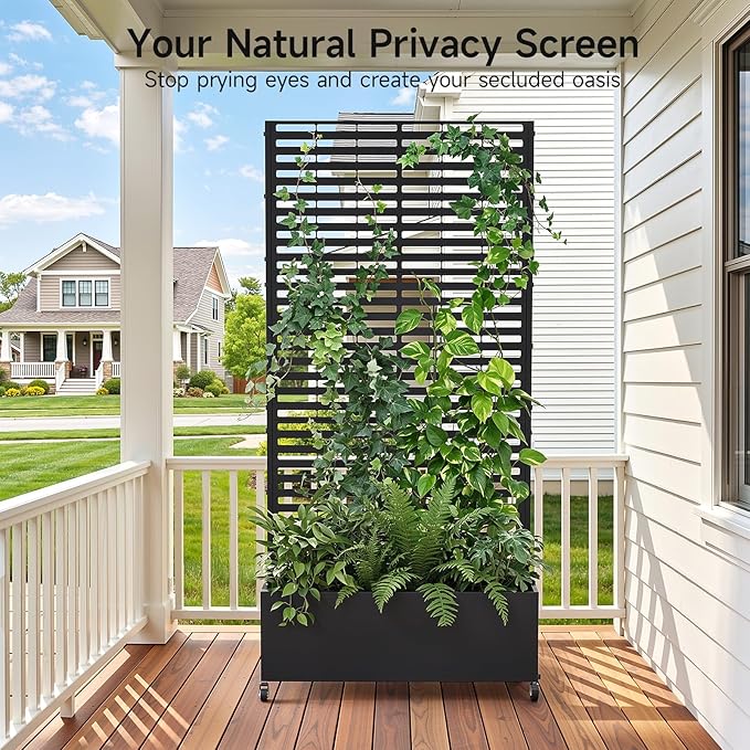 Metal Raised Garden Bed with Trellis and Wheels 73 x 35 x 16 Planter Box with Trellis with Drainage Holes Privacy Planters for Patio with Privacy Screen for Climbing Plants Flowers Vegetables