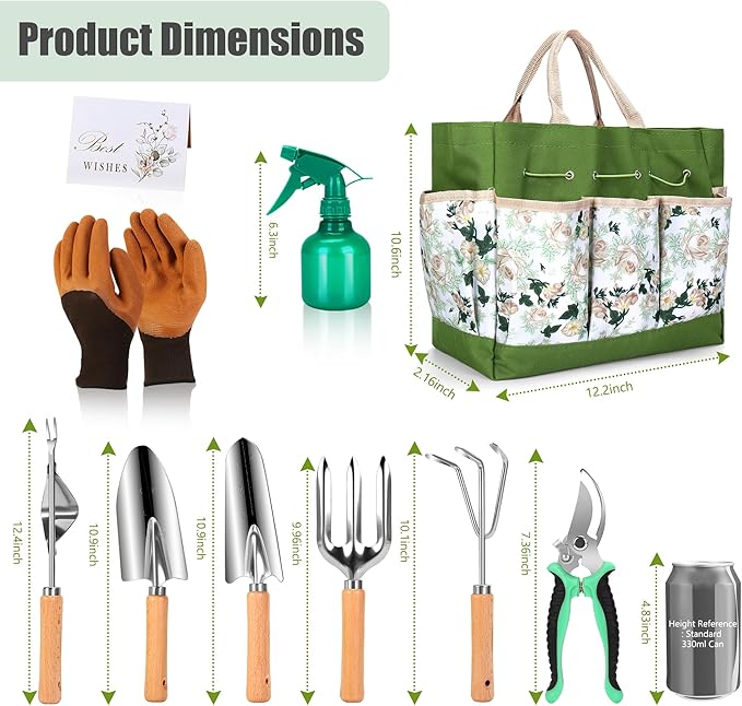 Gardening Tools Set of 10 Heavy Duty Stainless Steel Garden Hand Tools with Floral Tote Bag Rust-Proof Garden Tools for Gardening Gardening Gifts for Women Men and Plant Lover