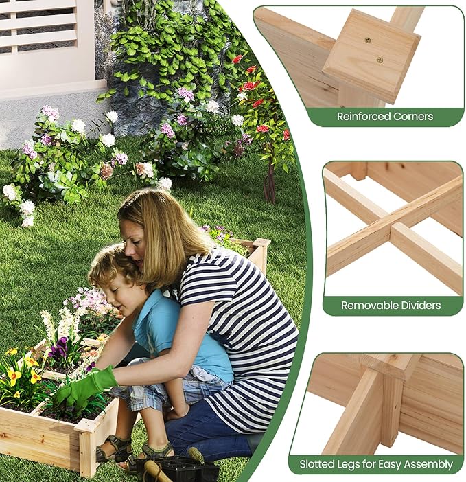 Giantex Wooden Raised Garden Bed with 2 Planter Boxes &amp Dividers 90x25x10 Raised Bed for Flowers Vegetables Fruits Herbs Gardening Planting Outdoor Garden Box for Patio Backyard Lawn (1)