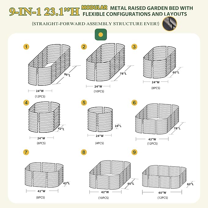 VEIKOU 8x2x2 ft Galvanized Raised Garden Bed 23.1 Tall 9 in 1 Modular Planter Box Outdoor Raised Garden Bed for Vegetable Flower Herb Grey
